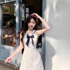Q女家 漫高艺术生/法式海军领连衣裙夏季甜美学院风减龄无袖裙子