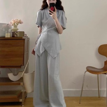 大码女装夏搭配一整套胖mm巨显瘦老钱风浅蓝绑带短袖阔腿裤两件套