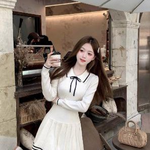 Q女家 比利弗女高/小香风针织百褶长袖连衣裙女春小个子收腰裙子