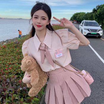 学院风Polo领粉色衬衫百褶半身裙子甜辣风JK制服套装两件套女夏季