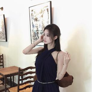 kikimy【古早韩味】挂脖连衣裙女装蓝色裙礼服蓝色褶皱连身裙裙子