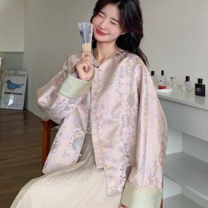 粉色新中式国风提花短外套女2025春季新款超好看气质复古盘扣上衣