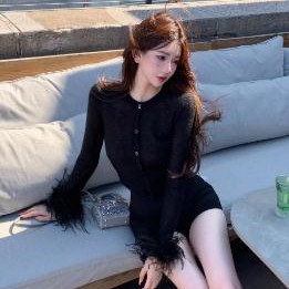 FBB limit早秋新款温柔开衫女马海毛羊毛混纺拼多层鸵鸟毛针织衫