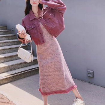 韩系穿搭一整套牛仔外套吊带裙套装女春2025新款针织连衣裙两件套