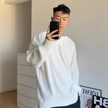 OXFREAK / 高级感v领褶皱垂感圆领冰丝长袖t恤男宽松男装春秋上衣