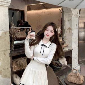 Q女家 比利弗女高/小香风针织百褶长袖连衣裙女春小个子收腰裙子