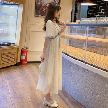 大码胖mm遮肚子显瘦连衣裙高级感气质短袖过膝长裙仙女超仙裙子女